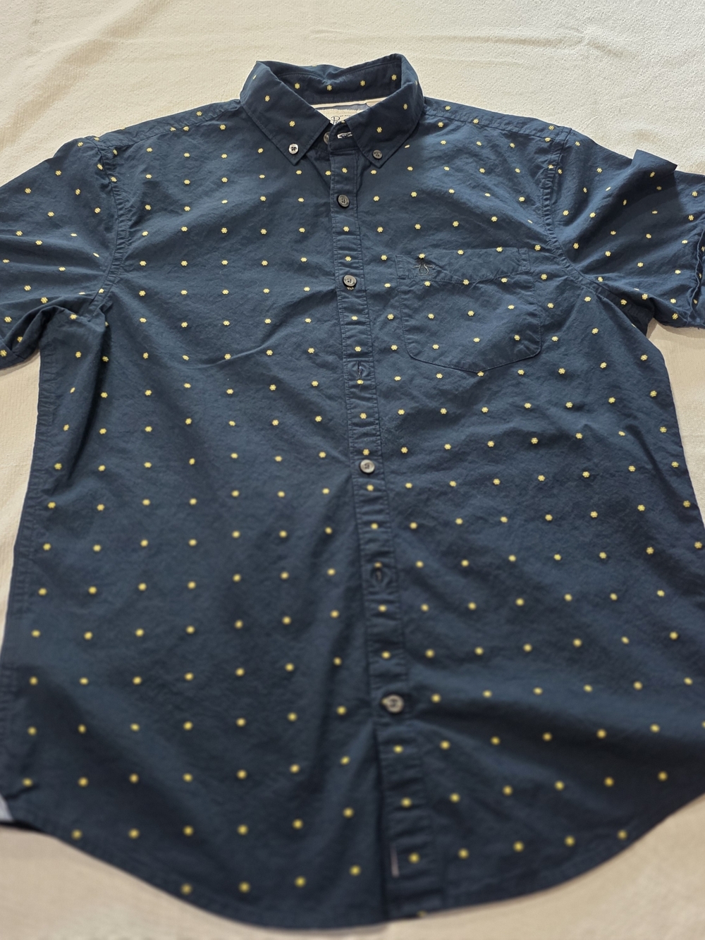Original Penguin Navy Short Sleeve Button-Down with Yellow Dot Pattern